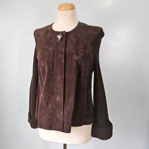 AMI Brown Leather Suede Mixed Media Ribbed Knit Jacket Cardigan Large Y2K 00s